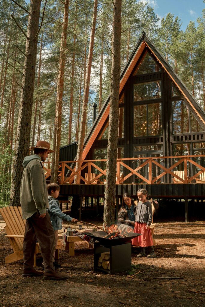 Outside the Getaway Cabin with children